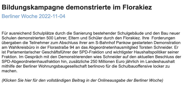 500 Lehrer, Eltern und Schüler demonstrierten im Florakiez: 250 Mio für mehr Schulplätze