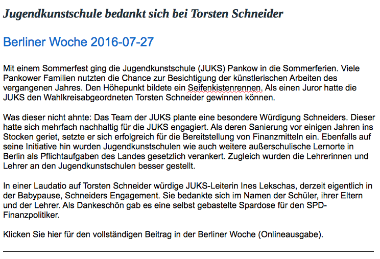 Das Team der Juks plante eine besondere Würdigung des SPD-Abgeordneten Torsten Schneider. Dieser hatte sich mehrfach engagiert für die Jugendkunstschule eingesetzt