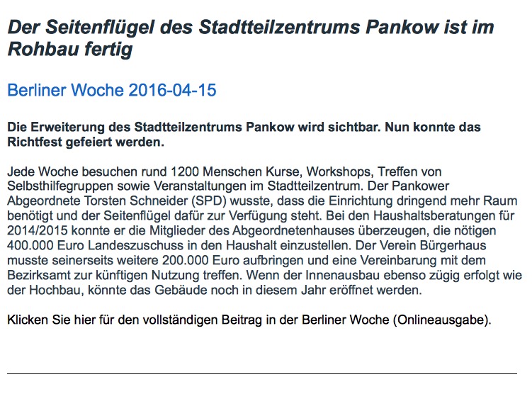 Bei Haushaltsberatungen sah der SPD-Abgeordnete Torsten Schneider die Chance, 400.000 Euro für den Ausbau des Pankower Stadtteilzentrums im Landeshaushalt zu verankern